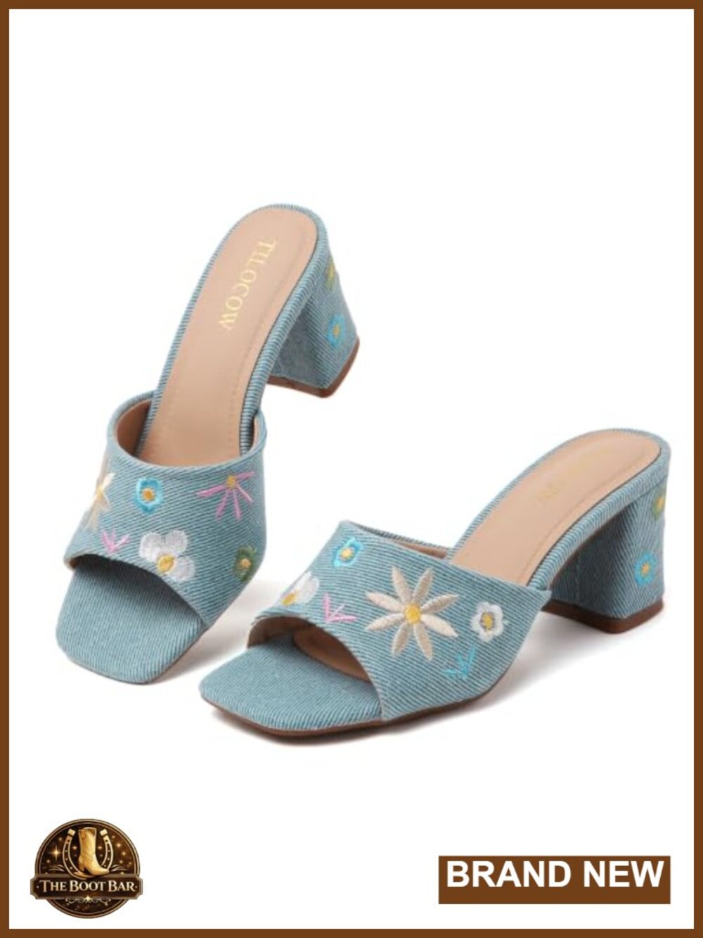 Women's Square Toe Chunky Block Heel Slide Sandals Floral Embroidered Mules